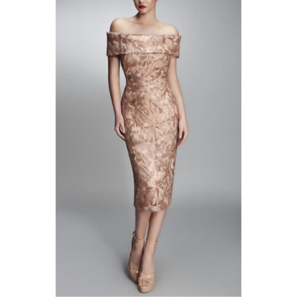 NEW NICOLE BAKTI off the shoulder floral midi sequin dress in champagne pink